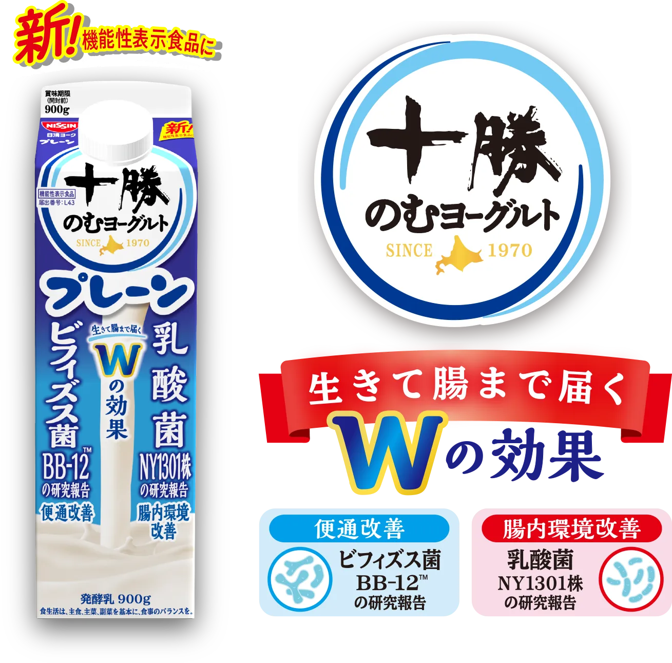 新！機能性表示食品に。十勝のむヨーグルト 生きて腸まで届くWの効果［便通改善］ビフィズス菌BB-12™の研究報告［腸内環境改善］乳酸菌NY1301株の研究報告