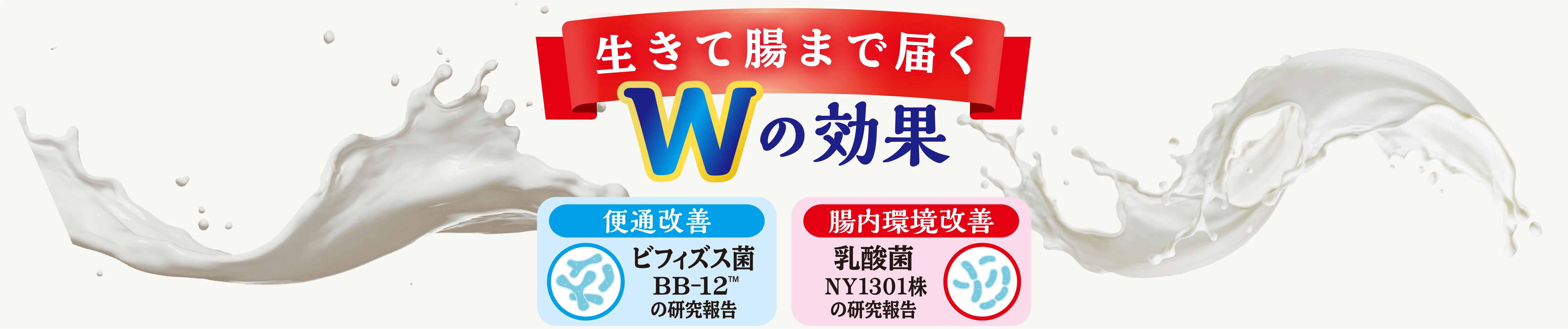  生きて腸まで届くWの効果［便通改善］ビフィズス菌BB-12™の研究報告［腸内環境改善］乳酸菌NY1301株の研究報告
